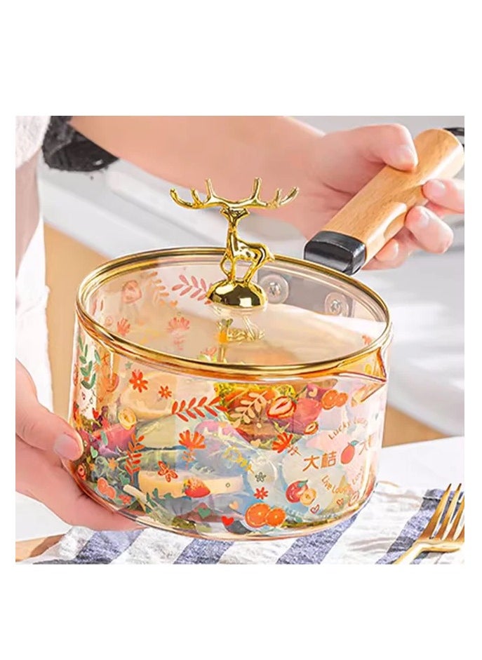 Spaceshoop Glass Cooking Bowl with Decorative Lid, 1.8L Capacity, High Borosilicate Glass, Gold Deer Handle (1.8 Liter)  - Image 1