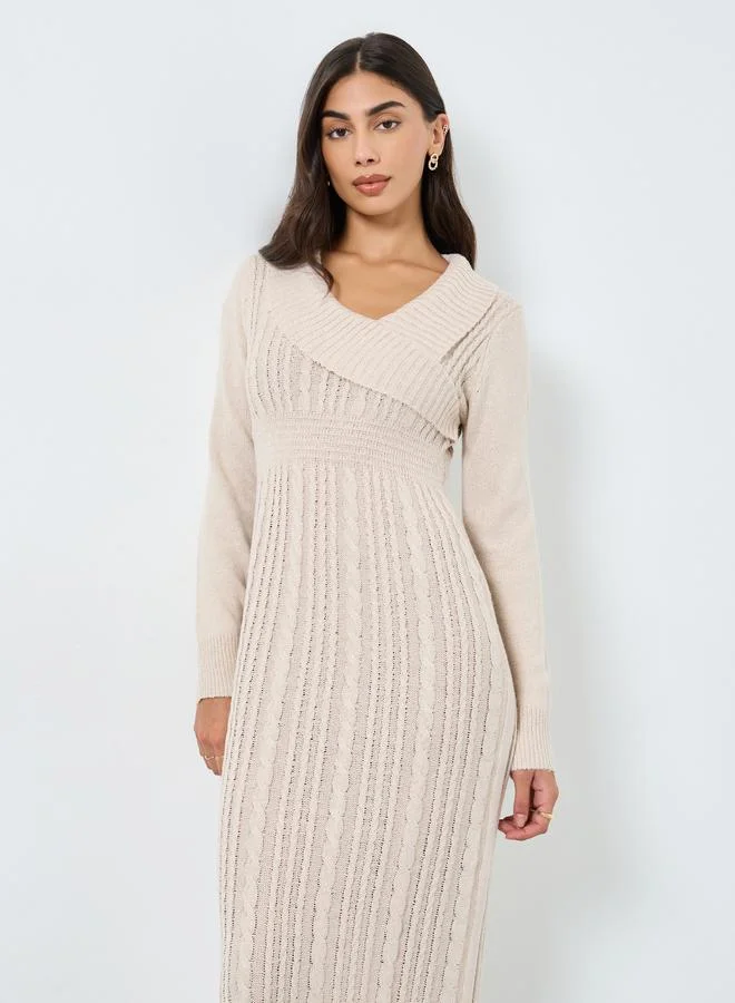 Take Two Take Two Beige Cable Knit Bodycon Midi Dress