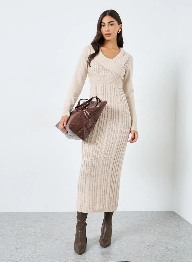 Take Two Take Two Beige Cable Knit Bodycon Midi Dress