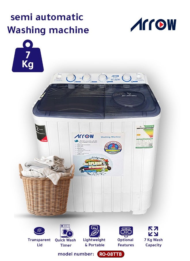 Arrow - 7KG Twin Tub Semi-Automatic Washing Machine, 400 Watt, 7 KG Wash Capacity, 5.5 KG Spin Capacity, Light Grey Color, 15 Wash Timer, 5 Spin Timer | Model Name: RO-08TTB - Image 1