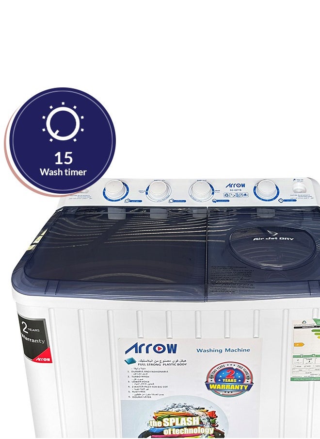 Arrow - 7KG Twin Tub Semi-Automatic Washing Machine, 400 Watt, 7 KG Wash Capacity, 5.5 KG Spin Capacity, Light Grey Color, 15 Wash Timer, 5 Spin Timer | Model Name: RO-08TTB - Image 1