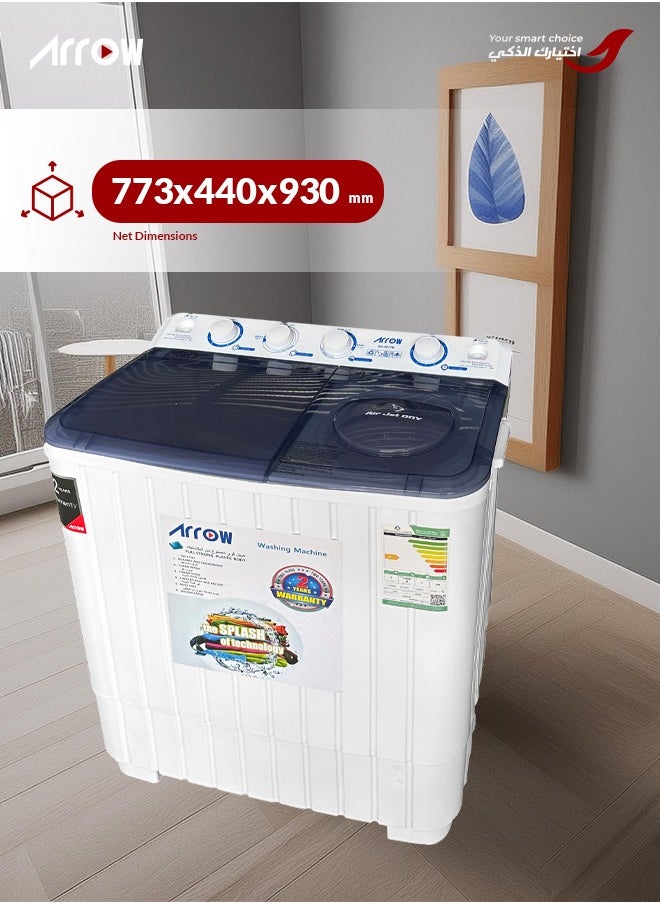 Arrow - 7KG Twin Tub Semi-Automatic Washing Machine, 400 Watt, 7 KG Wash Capacity, 5.5 KG Spin Capacity, Light Grey Color, 15 Wash Timer, 5 Spin Timer | Model Name: RO-08TTB - Image 1