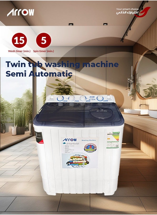Arrow - 7KG Twin Tub Semi-Automatic Washing Machine, 400 Watt, 7 KG Wash Capacity, 5.5 KG Spin Capacity, Light Grey Color, 15 Wash Timer, 5 Spin Timer | Model Name: RO-08TTB - Image 1