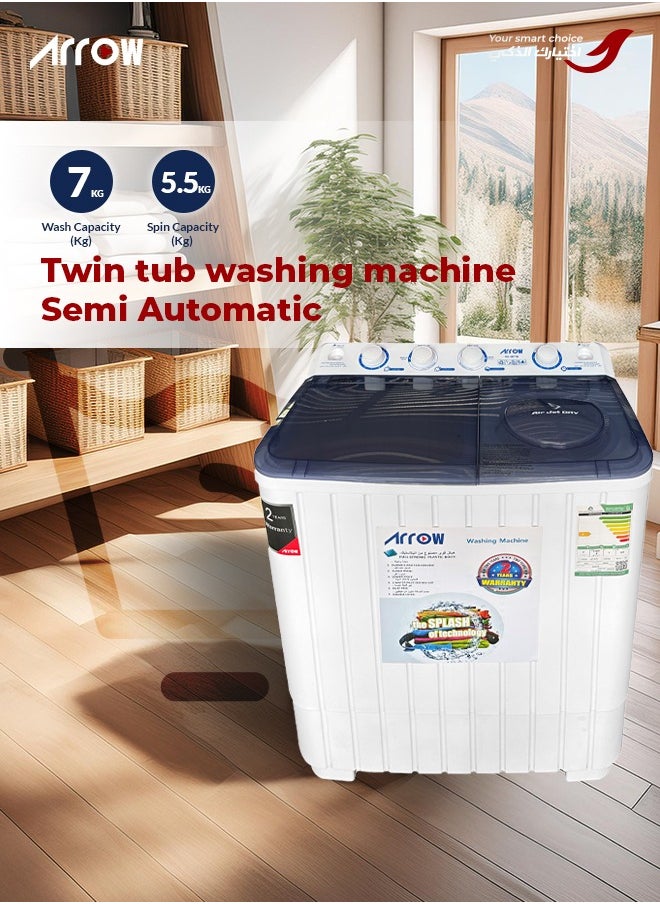 Arrow - 7KG Twin Tub Semi-Automatic Washing Machine, 400 Watt, 7 KG Wash Capacity, 5.5 KG Spin Capacity, Light Grey Color, 15 Wash Timer, 5 Spin Timer | Model Name: RO-08TTB - Image 1