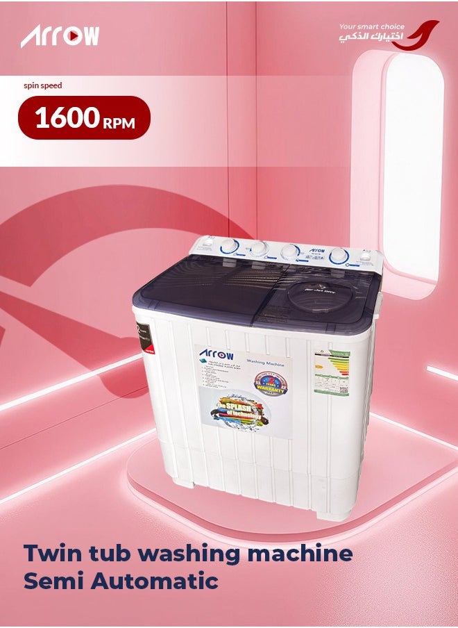 Arrow - 7KG Twin Tub Semi-Automatic Washing Machine, 400 Watt, 7 KG Wash Capacity, 5.5 KG Spin Capacity, Light Grey Color, 15 Wash Timer, 5 Spin Timer | Model Name: RO-08TTB - Image 1