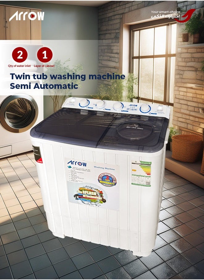 Arrow - 7KG Twin Tub Semi-Automatic Washing Machine, 400 Watt, 7 KG Wash Capacity, 5.5 KG Spin Capacity, Light Grey Color, 15 Wash Timer, 5 Spin Timer | Model Name: RO-08TTB - Image 1