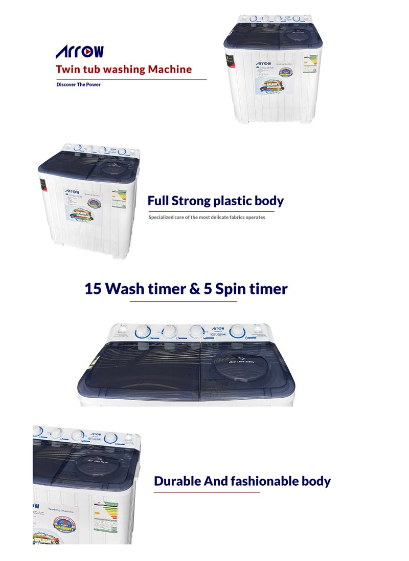 Arrow - 7KG Twin Tub Semi-Automatic Washing Machine, 400 Watt, 7 KG Wash Capacity, 5.5 KG Spin Capacity, Light Grey Color, 15 Wash Timer, 5 Spin Timer | Model Name: RO-08TTB - Image 1