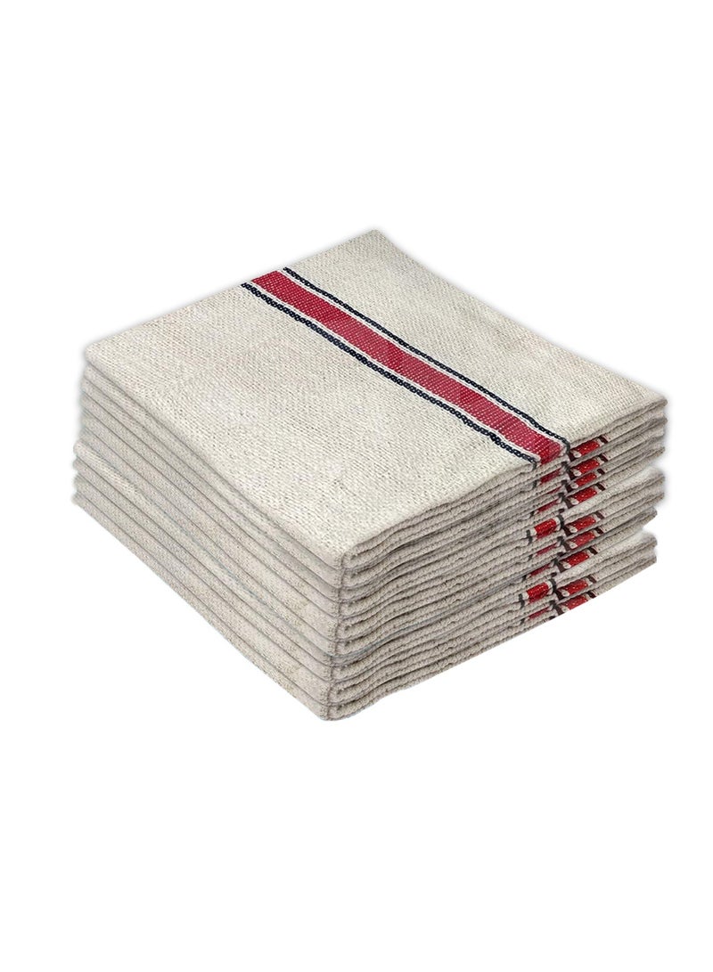 LuxHome Cotton Floor Cleaning Duster Pack – Ultra Absorbent Cleaning Cloths for Wet & Dry Surfaces, Multi-Purpose Towels for Kitchen & Home Use, Beige with Red & Blue Stripes, 19"x19", Pack of 10 - Image 2