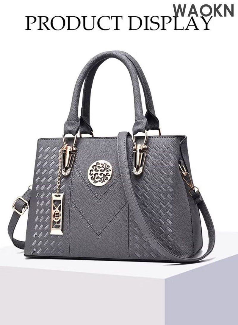 دبليو أيه أو كي أن حقيبة يد نسائية أنيقة مطرزة، حقيبة كتف، ذات سعة كبيرة، حقيبة مراسلة، مناسبة للتنقلات اليومية والعمل، مزودة بأحزمة كتف قابلة للتعديل، وجيوب تخزين متعددة لتلبية احتياجات السفر اليومية، مناسبة للجنسين، لون رمادي. - Image 5