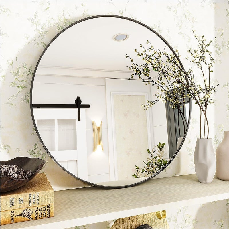 TNTAIAHL Black Round Bathroom Mirror, 24 inch Circle Mirror, Round Wall Mirror with Simple Metal Frame, Modern Round Hanging Mirror for Bathroom, Hallway, Living Room (Black, 24x24) - Image 4