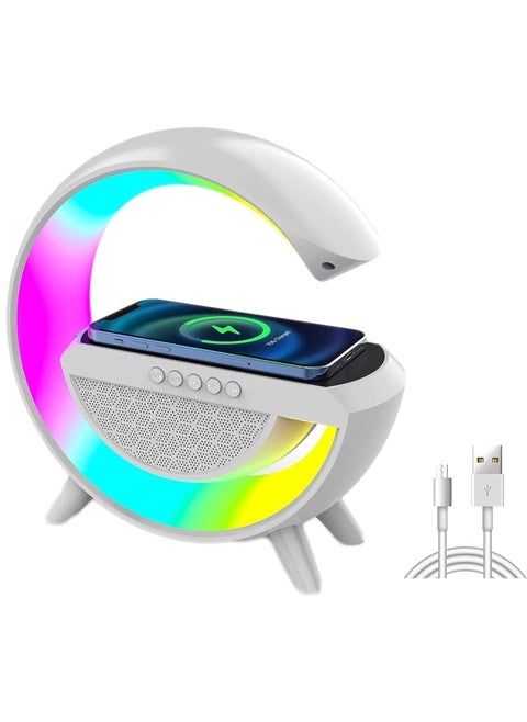 G Lamp RGB Smart Light Phone Fast Wireless Charger with Speaker Lamp and clock and alarm for iPhone Samsung Galaxy Andriod Phones - White