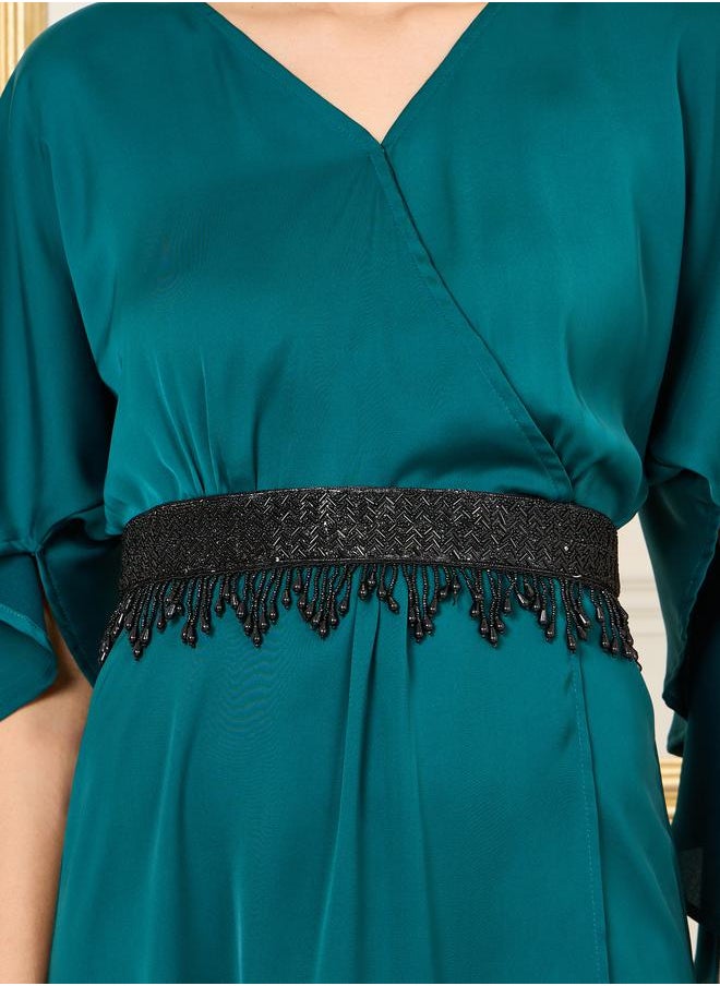 Styli - Satin Asymmetric Hem Midi Dress with Beaded Belt - Image 1