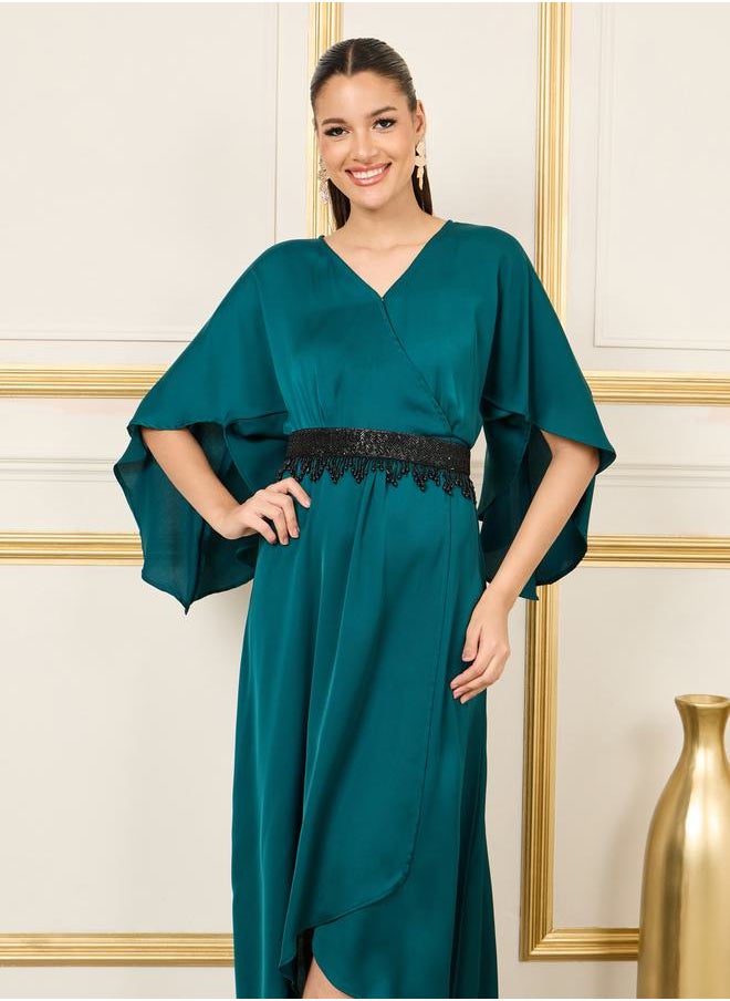 Styli - Satin Asymmetric Hem Midi Dress with Beaded Belt - Image 1