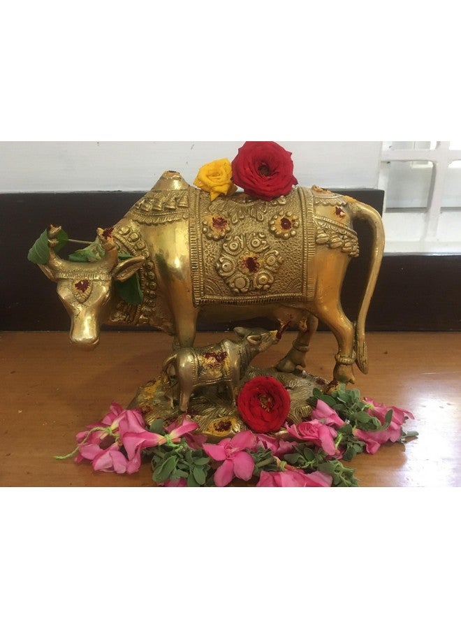 Pick End Now Brass Kamdhenu Cow and Calf Sculpture 2.8kg | Spiritual Showpiece for Vastu | Nandi Cow Idol for Puja & Home Décor | Product Dimensions - 6 x 4 x 6.5 Inches, Idol - Image 1