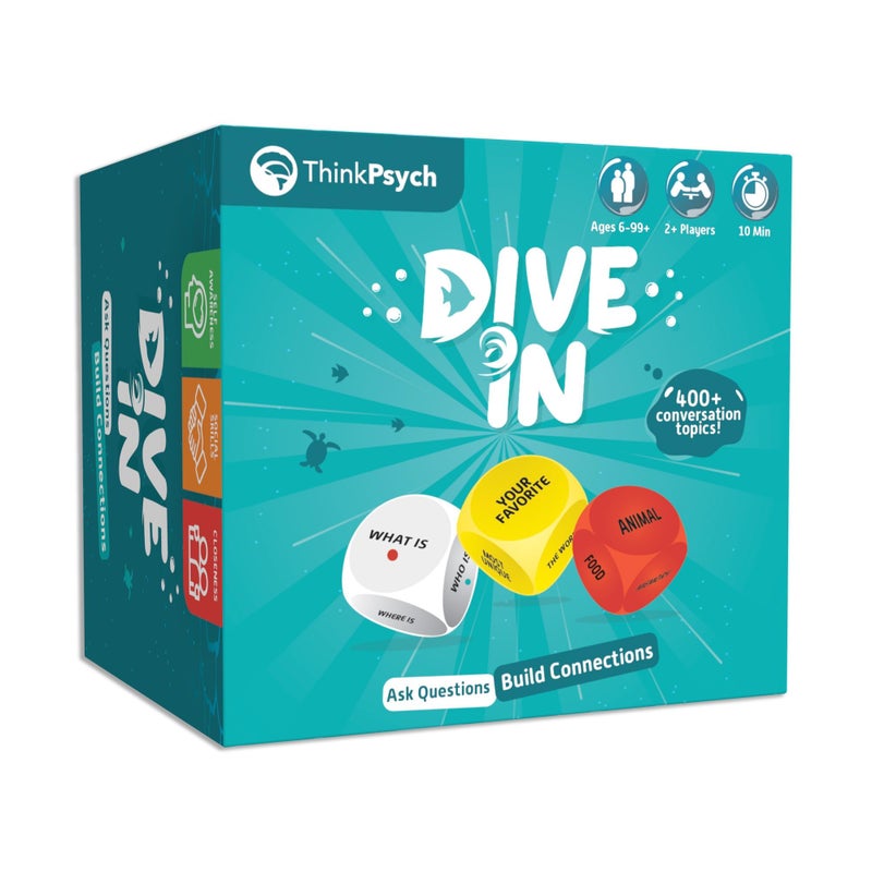 ThinkPsych Dive in - SEL Conversation Dice Game with 400+ Topics | Therapy Games for Kids & Teens | Social Emotional Learning for Home & School | Play Therapy & Counseling Toys | Ages 6-99 - Image 1