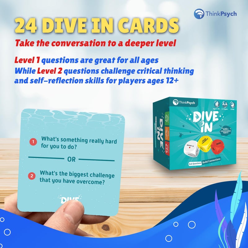 ThinkPsych Dive in - SEL Conversation Dice Game with 400+ Topics | Therapy Games for Kids & Teens | Social Emotional Learning for Home & School | Play Therapy & Counseling Toys | Ages 6-99 - Image 5