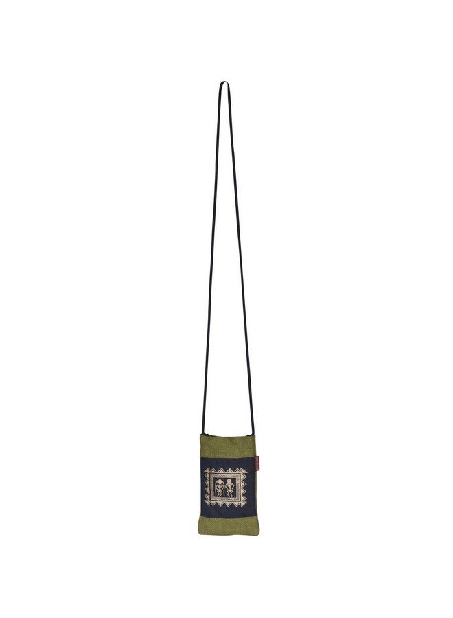 Jute Cottage Eco-friendly Mobile Sling Jute Bag for Women | Green 7.5"X4.5" | Stylish Warli Print Design | Perfect for Carrying Daily Essentials for Office | Durable, Sustainable - Image 1