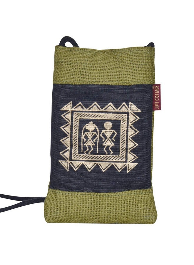 Jute Cottage Eco-friendly Mobile Sling Jute Bag for Women | Green 7.5"X4.5" | Stylish Warli Print Design | Perfect for Carrying Daily Essentials for Office | Durable, Sustainable - Image 2