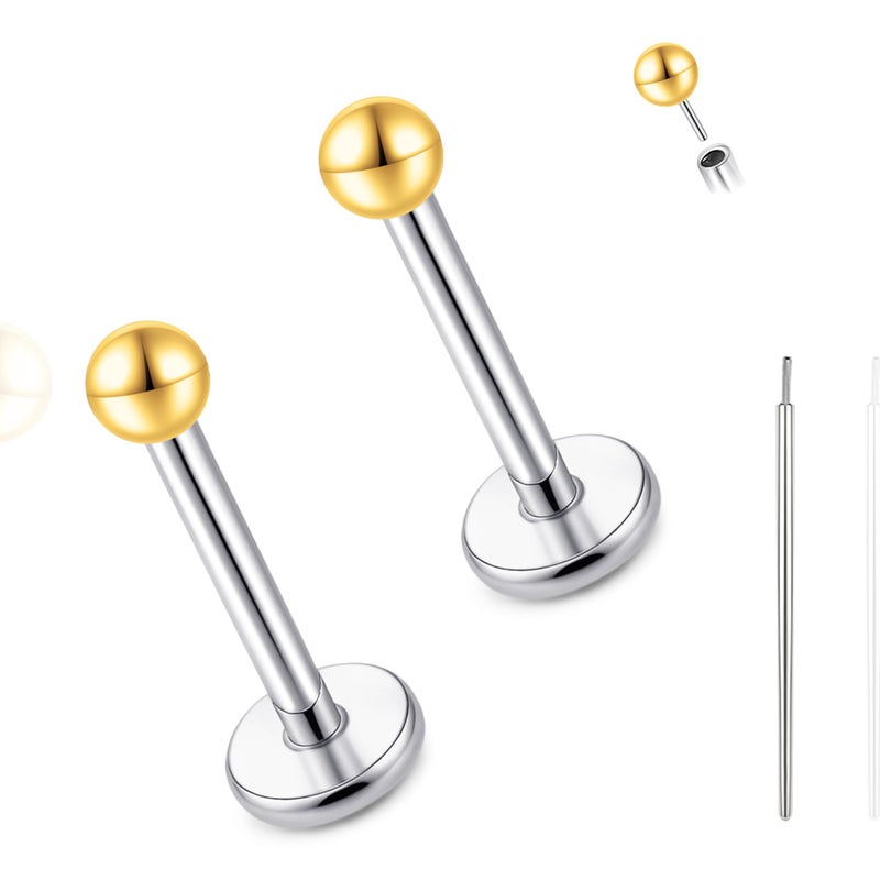 limerencia Titanium Threadless Flat Back Earrings Stud, 20G Press Fit Titanium Push Pop in Cartilage Tragus Labret Lip Medusa Conch Body Piercing Jewelry Hypoallergenic for Women Men(3 Ball Golden) - Image 1