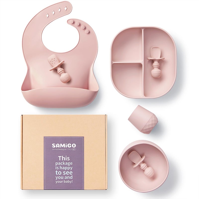 SAMiGO Silicone Baby Feeding Set, Baby Led Weaning Supplies, Suction Bowl Plate Bib Cup Self Feeding Spoons, Solid Food Eating Essentials, First Stage Utensils, 6+ Months - Image 1