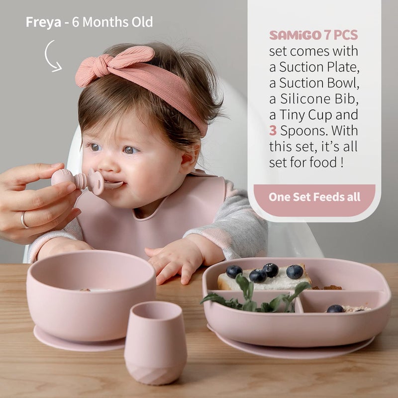 SAMiGO Silicone Baby Feeding Set, Baby Led Weaning Supplies, Suction Bowl Plate Bib Cup Self Feeding Spoons, Solid Food Eating Essentials, First Stage Utensils, 6+ Months - Image 2