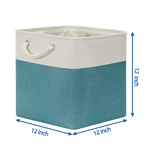 Temary Cubes Storage Baskets 12 Inch Cube Storage Bins for Shelf, Fabric Storage Cubes for Gift Empty Baskets for Home, Collapsable Box Basket for Storage (White&Teal) - Image 2