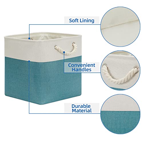 Temary Cubes Storage Baskets 12 Inch Cube Storage Bins for Shelf, Fabric Storage Cubes for Gift Empty Baskets for Home, Collapsable Box Basket for Storage (White&Teal) - Image 3