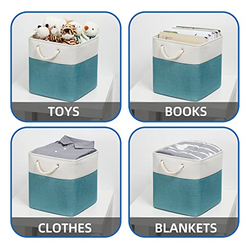 Temary Cubes Storage Baskets 12 Inch Cube Storage Bins for Shelf, Fabric Storage Cubes for Gift Empty Baskets for Home, Collapsable Box Basket for Storage (White&Teal) - Image 4