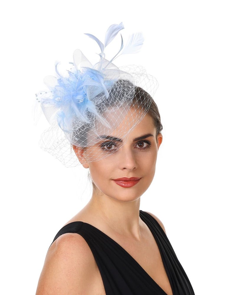 SAFERIN Fascinators Hat Flower Mesh Ribbons Feathers on a Headband and a Clip Tea Party Headwear for Girls and Women (Polyester, ST01-Light Blue) - Image 1