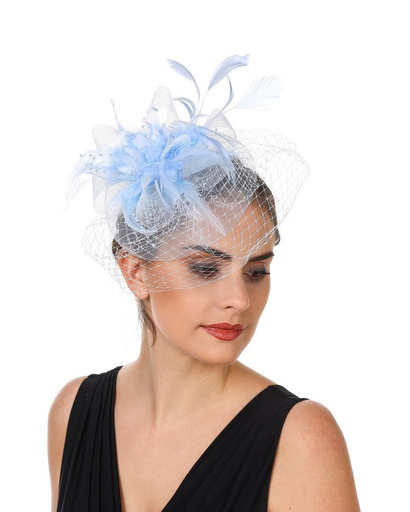 SAFERIN Fascinators Hat Flower Mesh Ribbons Feathers on a Headband and a Clip Tea Party Headwear for Girls and Women (Polyester, ST01-Light Blue) - Image 2