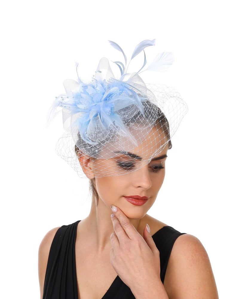 SAFERIN Fascinators Hat Flower Mesh Ribbons Feathers on a Headband and a Clip Tea Party Headwear for Girls and Women (Polyester, ST01-Light Blue) - Image 4