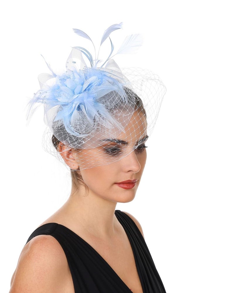 SAFERIN Fascinators Hat Flower Mesh Ribbons Feathers on a Headband and a Clip Tea Party Headwear for Girls and Women (Polyester, ST01-Light Blue) - Image 5