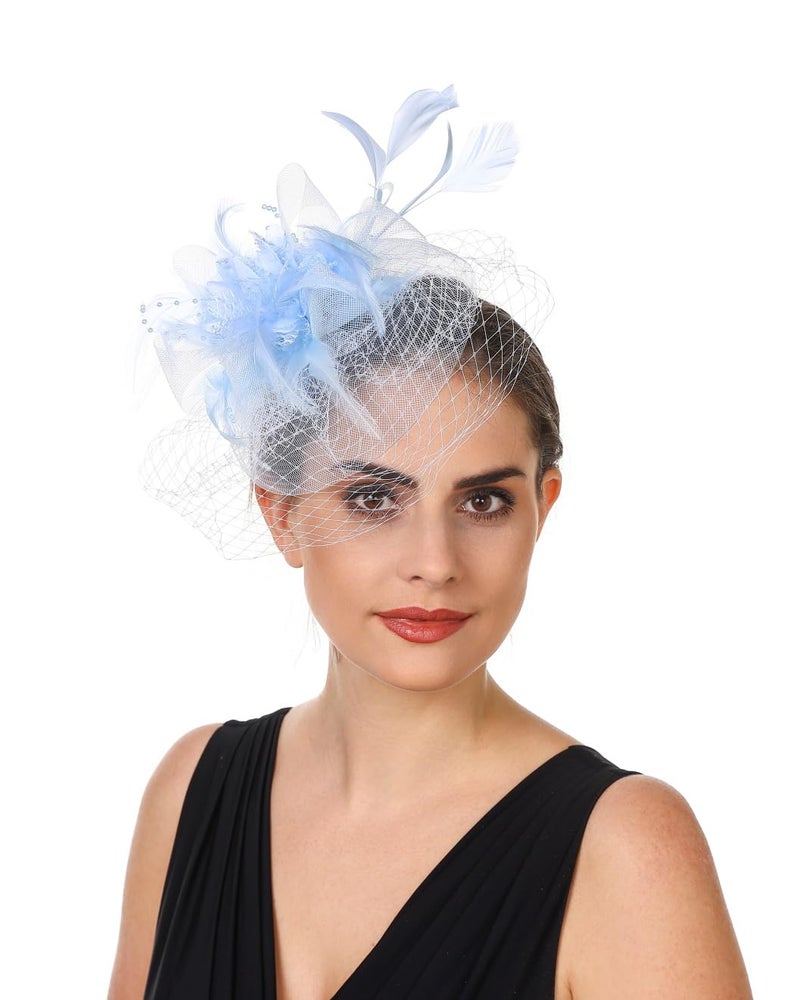 SAFERIN Fascinators Hat Flower Mesh Ribbons Feathers on a Headband and a Clip Tea Party Headwear for Girls and Women (Polyester, ST01-Light Blue) - Image 3