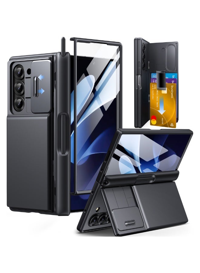 TONGATE Wallet for Z Fold 6 Case with HD Screen Protector, [4-Card Holder] Built-in Large Stand & Slide Camera Cover, Z6 Shockproof Phone Case for Samsung Galaxy Z Fold 6 (2024), Black - Image 1