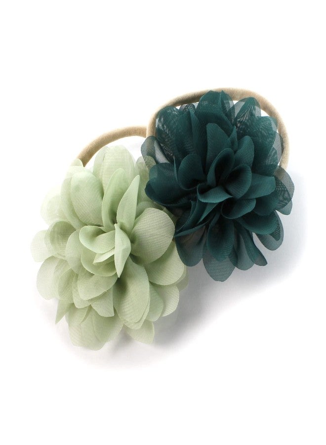 My Lello Baby Girl Rounded Petal Chiffon Flower Nylon Elastic Headbands Set 2pcs - Large - Light Sage/Hunter Green - Image 1