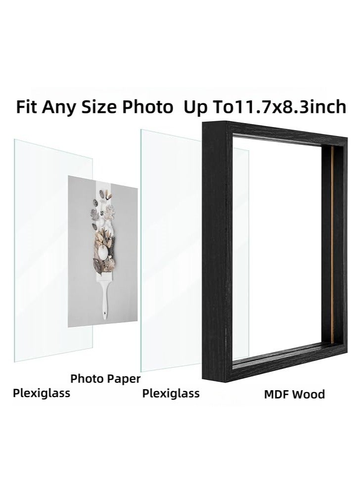 إطار صور عائم A4 ، إطار ريفي زجاجي مزدوج ، عرض أي حجم صورة تصل إلى 21 × 30 سم ، منضدية قائمة ، أسود  - Image 2