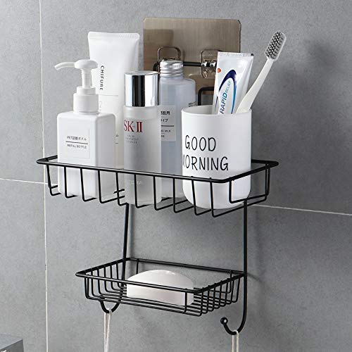 HOMESHOPPER HOMESHOPPER Iron Alloy Steel Multipurpose Kitchen Bathroom Wall Holder Storage Rack with Strong Magic Sticker with Two Hanger Hook Multicolour  - Image 1