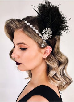 Excefore 1920s Feather Headpiece, Womens Ostrich Feather Crystal Headband, Great Gatsby Hair Accessories for Women, Ribbon Tie, Flapper Accessories, Art Deco Headpiece (Black)  - Image 2