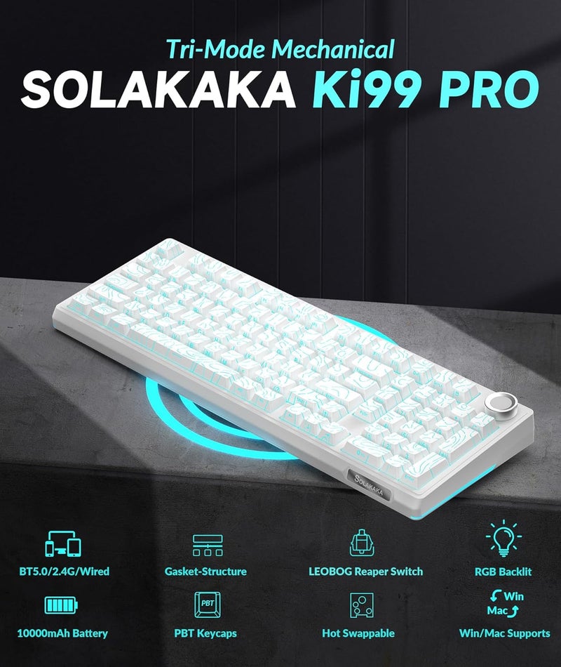 SOLAKAKA KI99 Pro 96% Wireless Mechanical Keyboard, RGB Gaming Keyboard, Hot-Swappable Pre-Lubed Switches, Gasket Structure Creamy Keyboards (Contour-Style White, Non-Silent Version) - Image 2