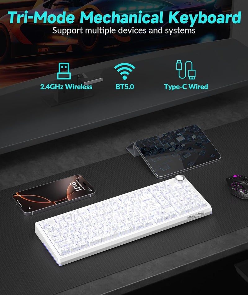 SOLAKAKA KI99 Pro 96% Wireless Mechanical Keyboard, RGB Gaming Keyboard, Hot-Swappable Pre-Lubed Switches, Gasket Structure Creamy Keyboards (Contour-Style White, Non-Silent Version) - Image 3