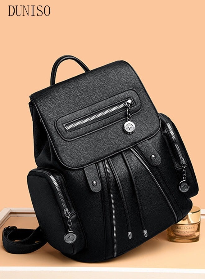 DUNISO Women's Backpack Fashionable Travel Backpack For Women Large Capacity Faux Leather School Backpack Shoulder Bag with Drawstring For College Girls Students Black - Image 2