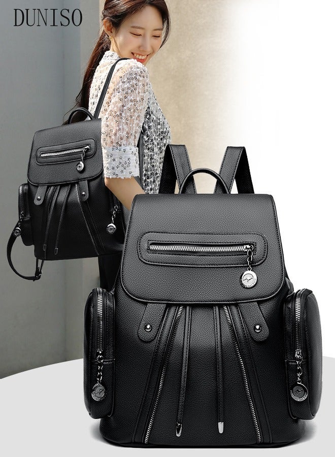 DUNISO Women's Backpack Fashionable Travel Backpack For Women Large Capacity Faux Leather School Backpack Shoulder Bag with Drawstring For College Girls Students Black - Image 1