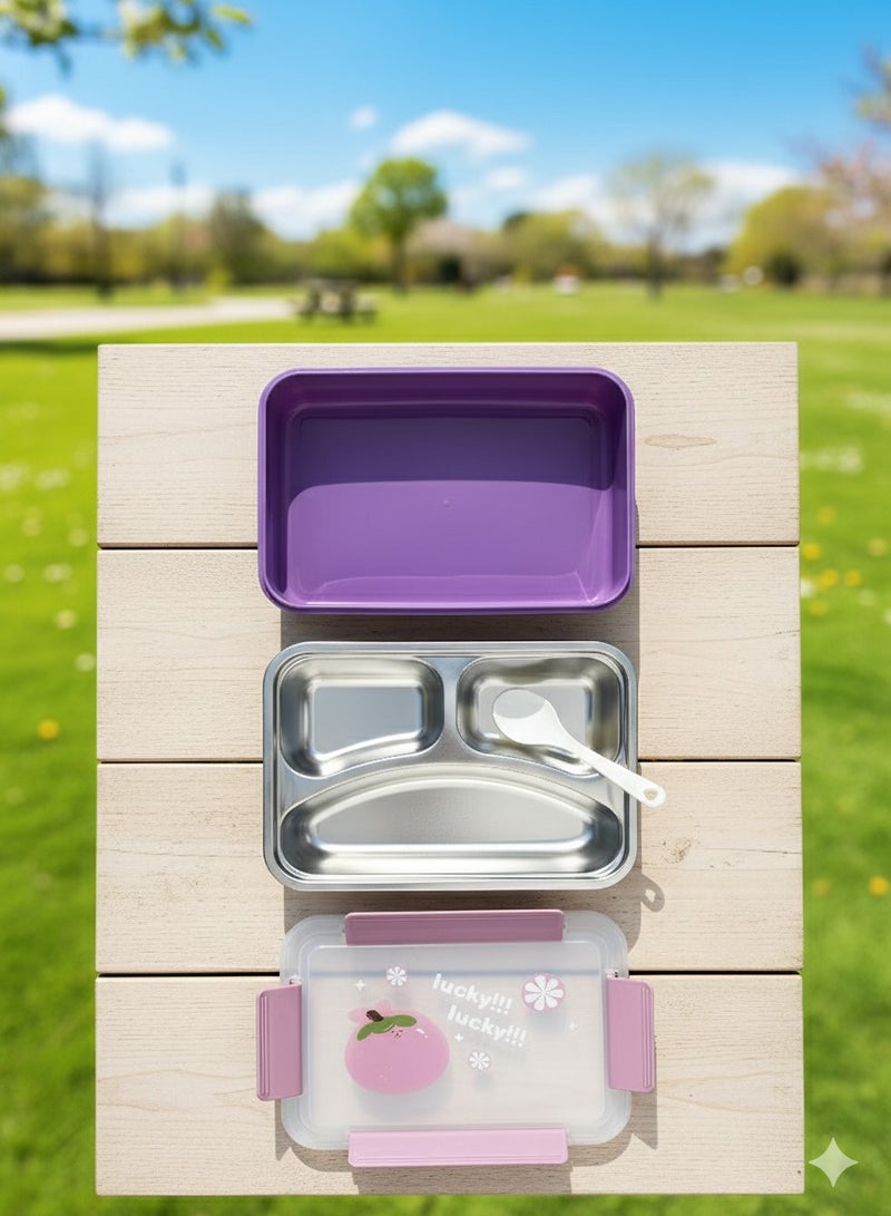 توشيونيكس صندوق غداء آمن للاستخدام في الميكروويف مصنوع من الفولاذ المقاوم للصدأ - سعة 1.2 لتر - مزود بثلاثة أقسام، وغطاء مانع للتسرب، وملعقة، وخالي من مادة BPA، وآمن للاستخدام في الفريزر وغسالة الأطباق - للأطفال والكبار - مثالي للمدرسة والمكتب وصالة الألعاب الرياضية والسفر - 21 × 15 × 5 سم - Image 1