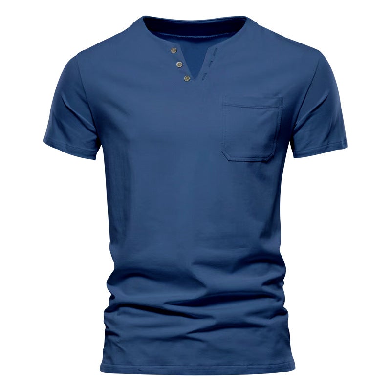 Summer Casual T-shirt Men''s Fashion Trend Sports Slim-fit Solid Color V-neck Pocket Men''s Half-sleeve Top Blast - Image 1