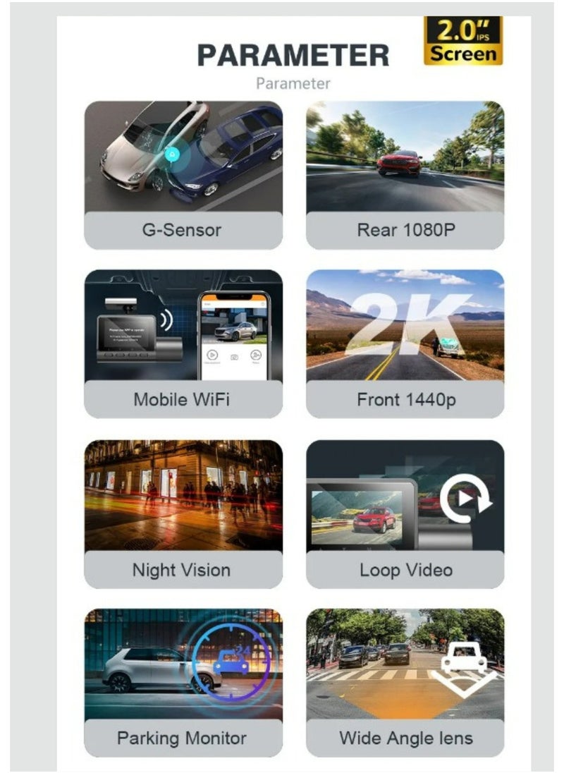SMART CLOUDS - 2k Dual Dash Cam Front and Rear Car Camera Dual lens Drive Recorder 140° Wide Angle 24 Hour Parking Mode WDR Loop Recording G-Sensor 2 Channel 1080P+2K - Image 1