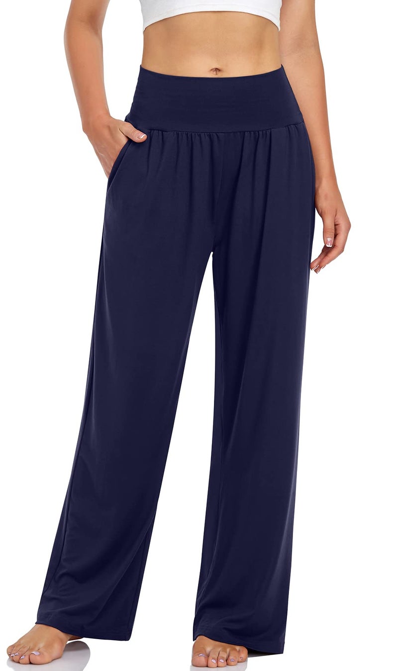 UEU Women's Trendy Tall Yoga Pants High Waisted Casual Loose Fit Womans Sweatpants Comfy Lounge Wide Leg Pant with Pockets(Navy,S) - Image 1