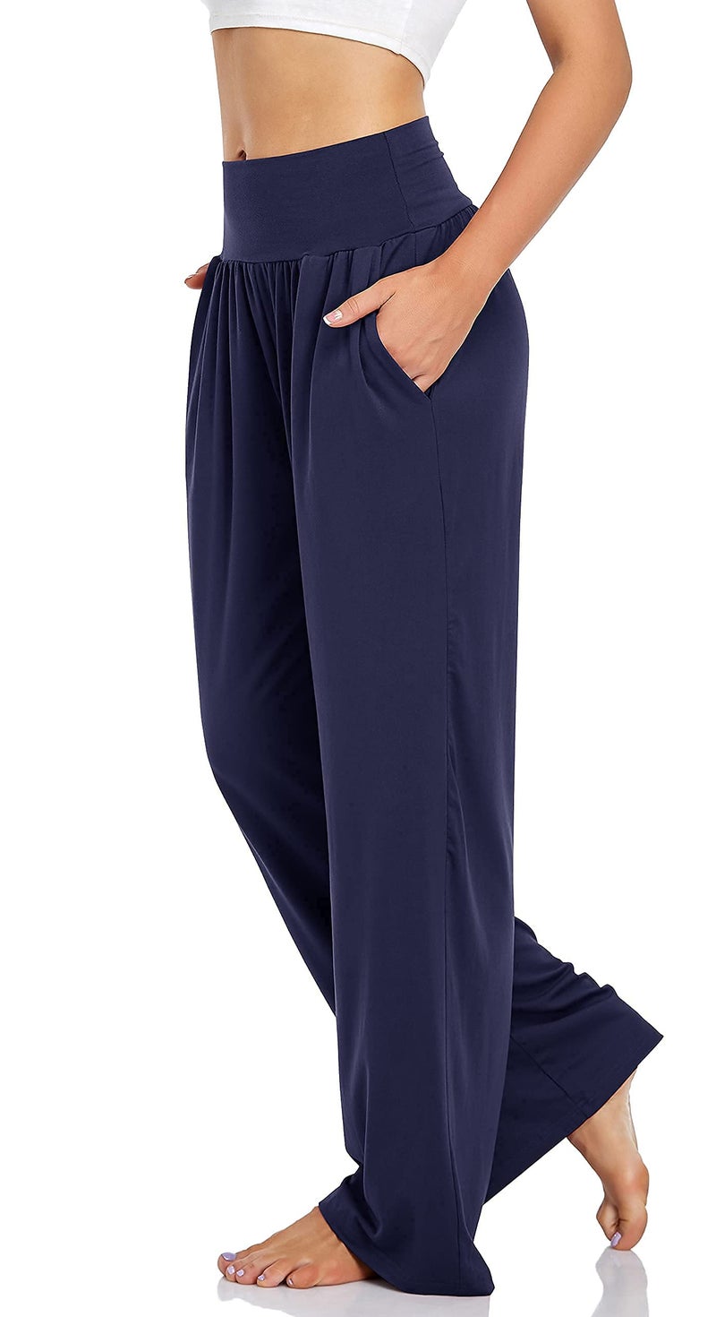 UEU Women's Trendy Tall Yoga Pants High Waisted Casual Loose Fit Womans Sweatpants Comfy Lounge Wide Leg Pant with Pockets(Navy,S) - Image 2