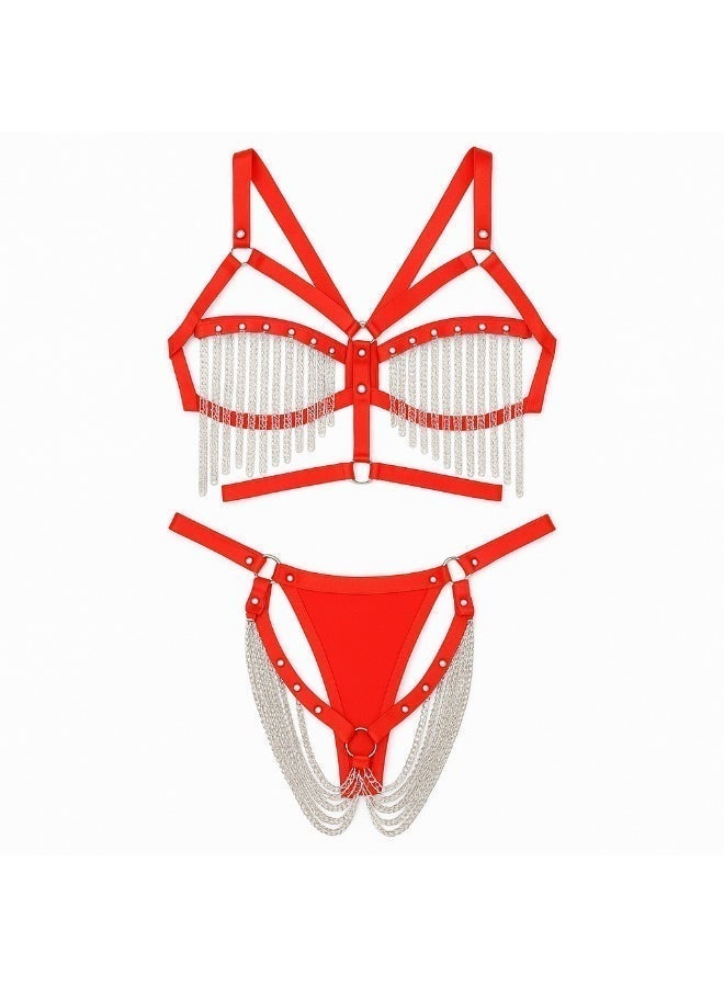 3PCS Women’s bra Set - Women’s Red lingerie -Trendy Women’s Secret Love Underwear 3PC Set – Leather Chain Body Harness Lingerie with Garter and Matching Thong