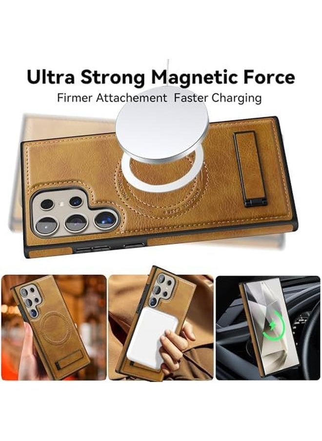 erorex Faux Leather Magnetic For Samsung Galaxy S24 Ultra Case，Compatible With Mag Safe Wireless Charging Adjustable Kickstand Shockproof And Wear Resistant Samsung Galaxy S24 Ultra Cover Brown  - Image 2