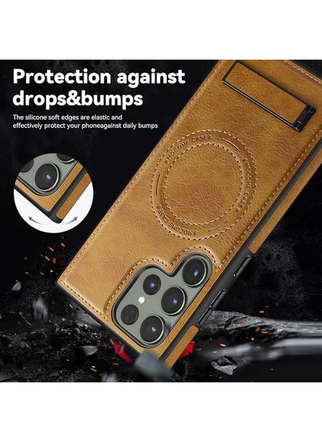 erorex Faux Leather Magnetic For Samsung Galaxy S24 Ultra Case，Compatible With Mag Safe Wireless Charging Adjustable Kickstand Shockproof And Wear Resistant Samsung Galaxy S24 Ultra Cover Brown  - Image 5